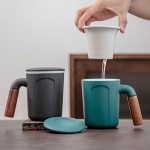 Ceramic Mug with Lid and Wooden Handle