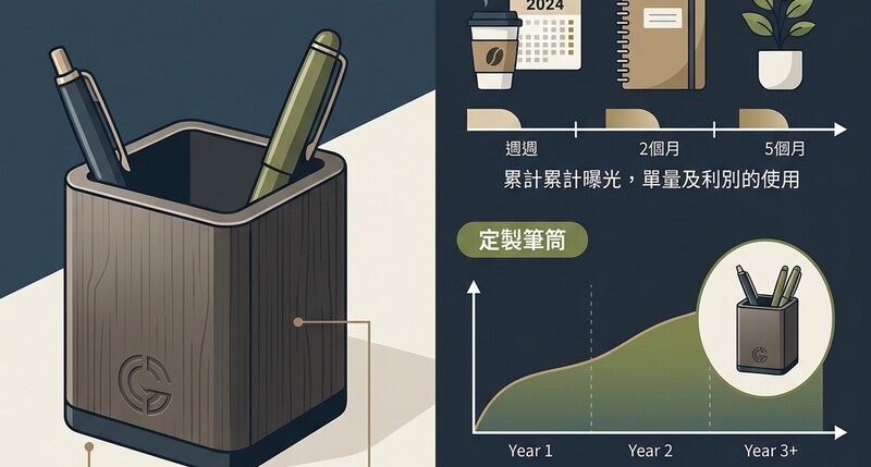 每日八小時品牌陪伴，筆筒做為高頻長效宣傳禮品